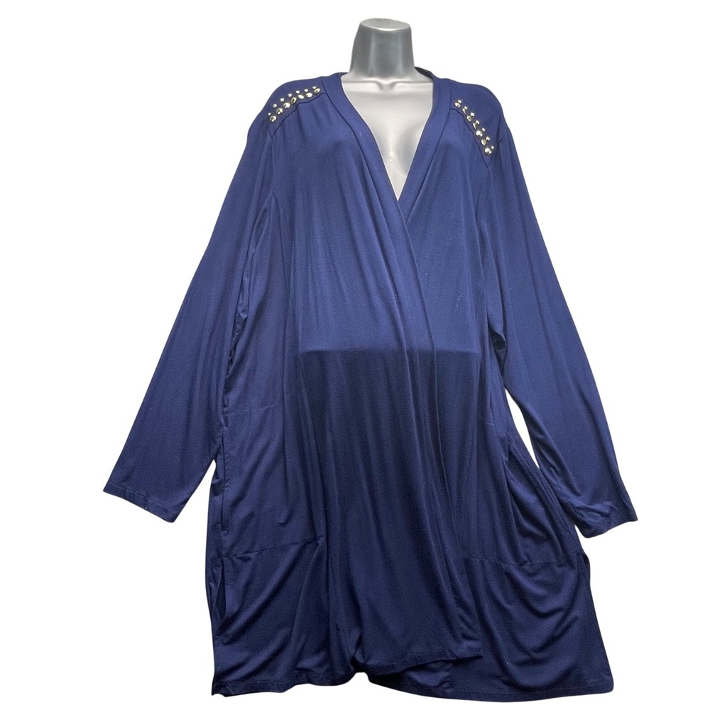Dennis‎ Basso women Studded Open Front Cardigan Navy Blue 3X Long Sleeve Pockets